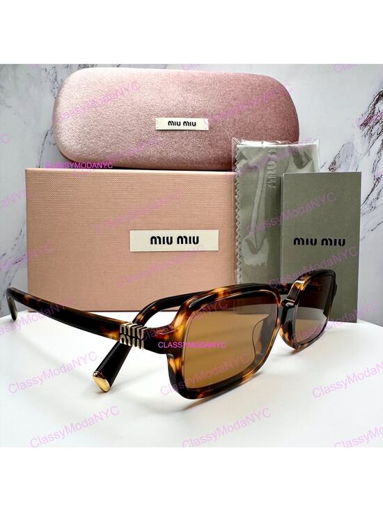 New MIU MIU Sunglasses Brown Tortoise Slim Rectangular Acetate Logo Authentic main image 6